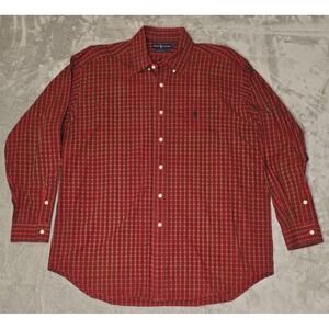 VTG Ralph Lauren Shirt Mens L Blake Red Tartan Plaid Two Ply Cotton Blue Pony